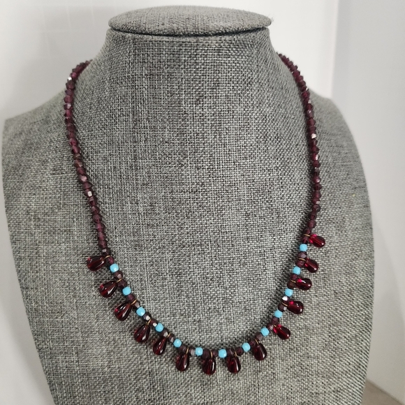Vintage Gerard Yosca 16" Beaded Necklace Red Glass Teardrops & Turquoise Accent - Picture 2 of 9